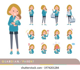 A set of women in a hoodie who are guardian of baby.It's vector art so easy to edit.