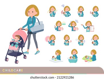A set of women in a hoodie who take care of their baby.It's vector art so easy to edit.