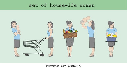 A set of women housewives in different poses. Hand drawn cartoon vector illustration for design and infographics.