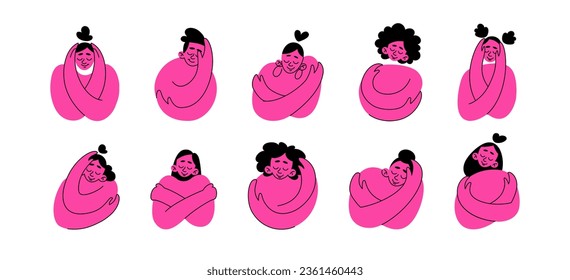 A set of women hugging. Self-Hugging. Caring for yourself, loving yourself, supporting yourself. 