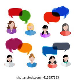 Set of women icons with colorful quote bubbles. Female avatars with speech bubbles. Vector.