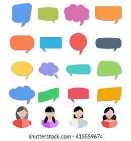 Set of women icons with colorful quote bubbles. Female avatars with speech bubbles. Vector.