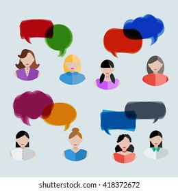 Set of women icons with colorful quote bubbles. Female avatars with speech bubbles. Vector.