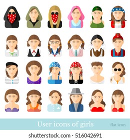 Set of women icons in flat style. Different age and style of youth movements