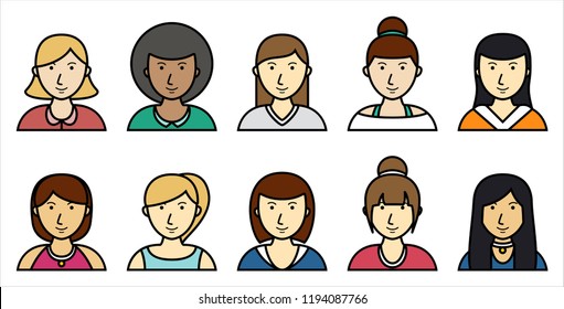 Set of women icons with hairstyle in flat style