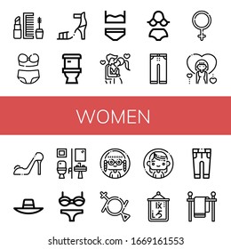 Set of women icons. Such as Makeup, Bikini, High heel, Toilet, Underwear, Kiss, Trousers, Female, Woman, High heels, Sunhat, Restroom, Gender fluid, Logogram, Clothes line , women icons