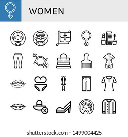 Set of women icons such as Male, Woman, Hand bag, Third gender, Makeup, Leggings, Gender fluid, Handbag, Hair brush, Neoprene, Lip, Bikini, Trousers, Blouse, Lips, Sun hat , women