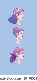 Set of women images. Three profiles of girls with different hairstyles.