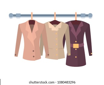 Set Of Women Jackets Outer Garment Extending To Hips Or Waist, Hanging On Hanger, New Spring Collection Of Stylish Coats Fasten In Front Vector