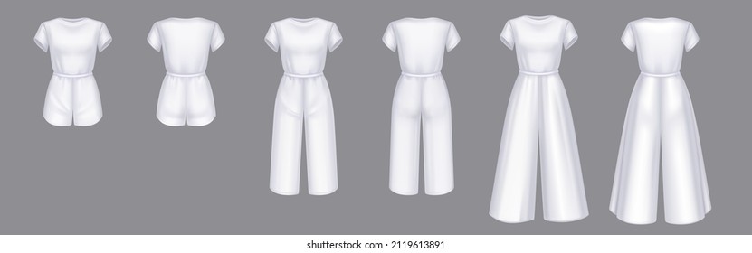 Set Of Women Jumpsuit 3d Vector Overalls Blank Mockup. White Female Apparel With Shorts Or Trousers And Short Sleeveless Top Realistic Template. Girls Clothes, Summer Garment, Nightwear Design Mock Up