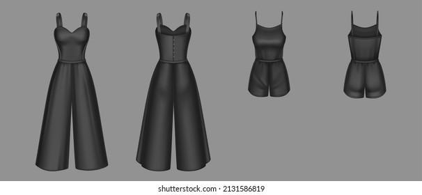 Set of women jumpsuit 3d vector overalls blank mockup. Black female apparel with shorts or trousers and short sleeveless top realistic template. Girls clothes, summer garment, nightwear design mock up