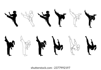 set women of karate silhouette vector. Boxing and competition silhouettes vector image, Boxing black white elements set with fighter sports clothing isolated, Boxing silhouette 