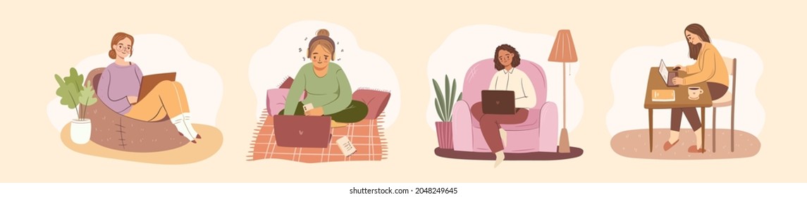 Set of women with laptops at home. Empowered business woman or freelancer working on computer at home or cafe. Flat vector illustration.