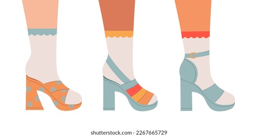 Set of women legs in high heeled shoes. Collection of female, girls shoes. Stylish footwear, high socks. Retro fashion, old style. Trendy vector illustration.