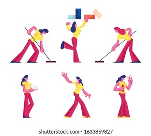 Set of Women in Life Situations, Sportswomen Playing Curling, Girl Choose Boxes on Shelf, Carry Papers, Eating Sausage Female Characters Isolated on White Background. Cartoon Flat Vector Illustration