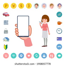 A set of women looking at a smartphone screen.It's vector art so easy to edit.The inside of the screen is transparent, so it is easy to fit.