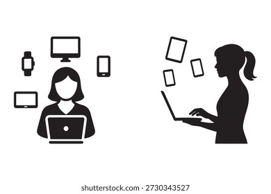 Set of women managing multiple digital devices.