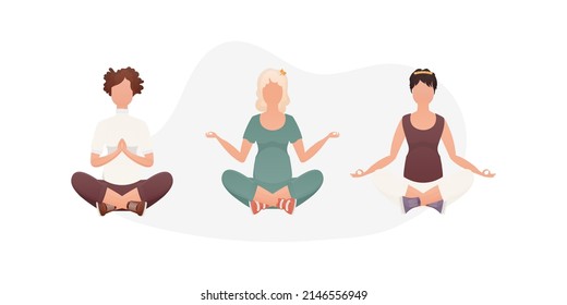 Set of Women Meditate. Isolated on white background. Vector illustration in cartoon style.