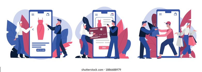 Set of women and men characters with shopping carts makes an online purchase. Commerce and  e-shopping concept. Vector illustration design