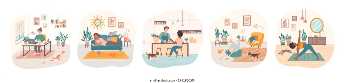 Set of women and men cooking together, doing yoga, surfing internet, cultivating home garden, working at home with their domestic pets.Everyday leisure and work activities.Cartoon vector illustrations.