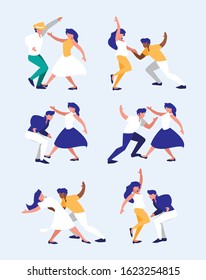 Set of women and men doing dancing positions design, Music person health party body fitness exercise figure lifestyle and athletic theme Vector illustration