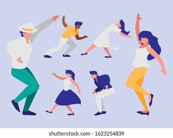 Set of women and men doing dancing positions design, Music person health party body fitness exercise figure lifestyle and athletic theme Vector illustration