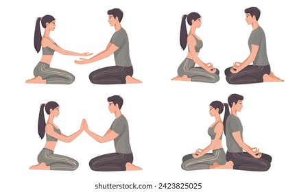 Set of women and men doing meditation. Meditation in different positions. A couple meditation on white background. Vector illustration in a flat style.