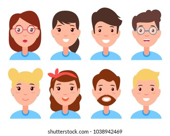 Set of women and men faces, character constructor different hairstyles, accessories glasses, beard and moustache, positive and shocked emotions vector