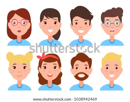 Set of women and men faces, character constructor different hairstyles, accessories glasses, beard and moustache, positive and shocked emotions vector