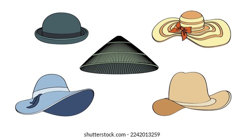 Set of women and men headwear hats with wide round brim. Protection of head from the sun. Simple cartoon vector isolated on white background