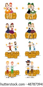 Set of women and men holding beer mugs, Oktoberfest Vector illustration