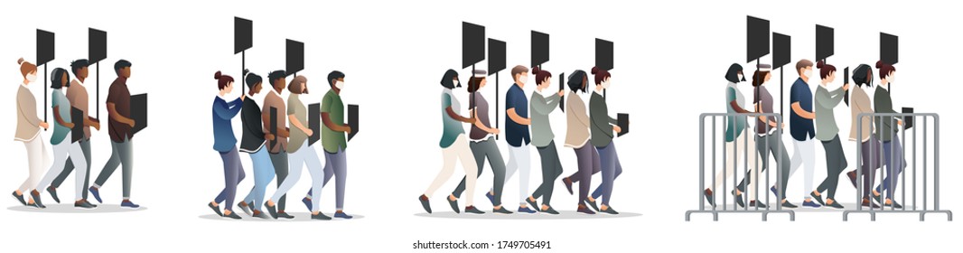 Set of women and men protesters characters. People on march hold sign banner. Black lives matter. Protesting and fighting discrimination, equality human rights. Vector, illustration isolated on white.