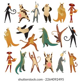 Set of women and men are wearing of animal costumes. Funny people dressed as panda, rabbit, cow, dinosaur, tiger, cat, kangaroo, fox cartoon vector illustration