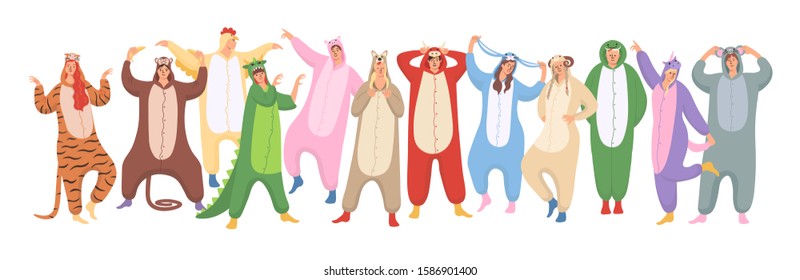 Set of women and men are wearing of animals pajamas on Halloween or new Year pajamas party. Suits are from chinese calendar: tiger, monkey, chicken, dragon, pig, dog, bull, rabbit, sheep, sheep, snake