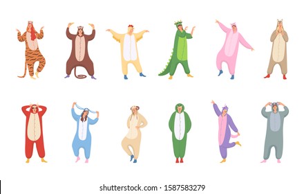 Set of women and men are wearing of animals pajamas on Halloween or new Year pajamas party. Suits are from chinese calendar: tiger, monkey, chicken, dragon, pig,dog, bull, rabbit, sheep,snake,unicorn