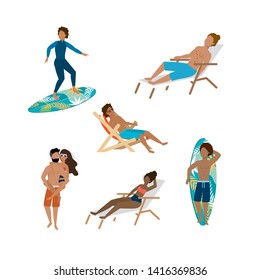 set of women and men wearing bathing shorts and swimsuit with surfboard and tanning chair