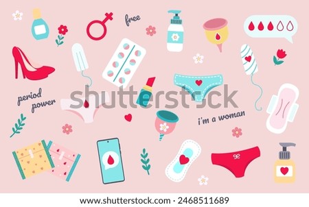 Set of women menstrual cycle vector illustrations. Menstrual cup, pads and tampons, personal hygiene products. Vector illustration in flat style.
