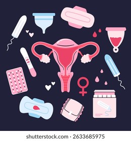 Conjunto de mulheres elemento de menstruação ilustração plana incluindo almofadas, tampão, pílulas, copos menstruais, teste de gravidez etc