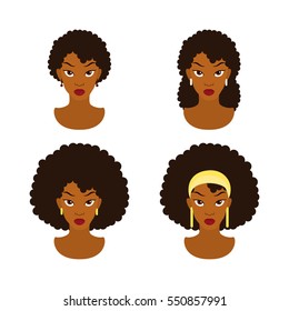 Set of women model hairstyle - illustration. Afro girl. Vector colorful avatar set of pretty different african girls. Vector cartoon illustration