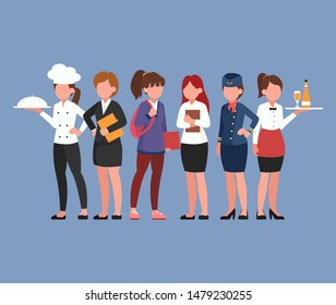 Set of women occupation character vector design. Chef, Businesswoman, Student, Teacher, Stewardess, Waitress.