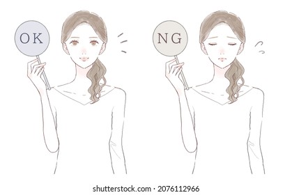 Set of women with OK  NG tags. On white background.