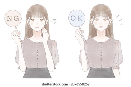 Set of women with OK  NG tags. On white background.