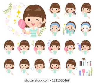 A set of women on beauty.There are various actions such as skin care and makeup.It's vector art so it's easy to edit.