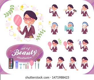 A set of women on beauty.There are various actions such as skin care and makeup.It's vector art so it's easy to edit.
