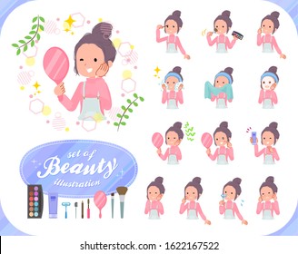 A set of women on beauty.There are various actions such as skin care and makeup.It's vector art so it's easy to edit.
