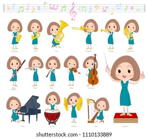 A set of women on classical music performances.
There are actions to play various instruments such as string instruments and wind instruments.
It's vector art so it's easy to edit.