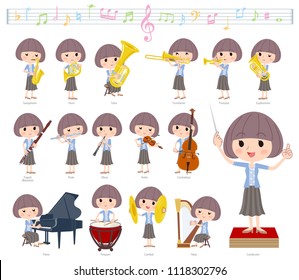 A set of women on classical music performances.
There are actions to play various instruments such as string instruments and wind instruments.
It's vector art so it's easy to edit.