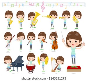 A set of women on classical music performances.There are actions to play various instruments such as string instruments and wind instruments.It's vector art so it's easy to edit.