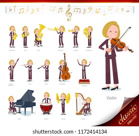 A set of women on classical music performances.There are actions to play various instruments such as string instruments and wind instruments.It's vector art so it's easy to edit.