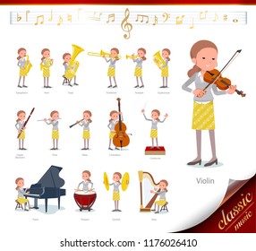 A set of women on classical music performances.There are actions to play various instruments such as string instruments and wind instruments.It's vector art so it's easy to edit.